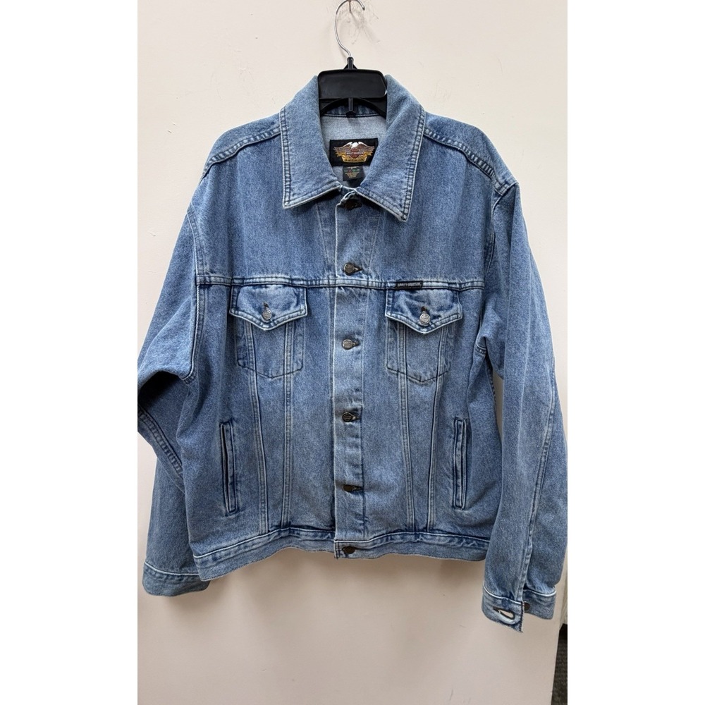 Harley Davidson Denim Jacket Mens L Blue Vintage Biker Patch 98287-96VM Trucker